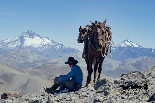 Man sitting next to horse overlooking snow capped mountains in Patagonia
