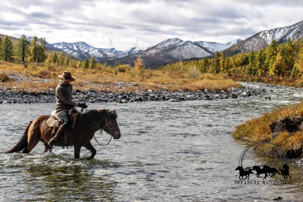 Woman crossing river on horseback in Mongolia with Estancia Ranquilco